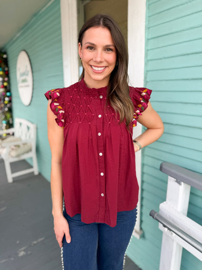 (THML) The Leslie Flutter Sleeve Top-Burgundy