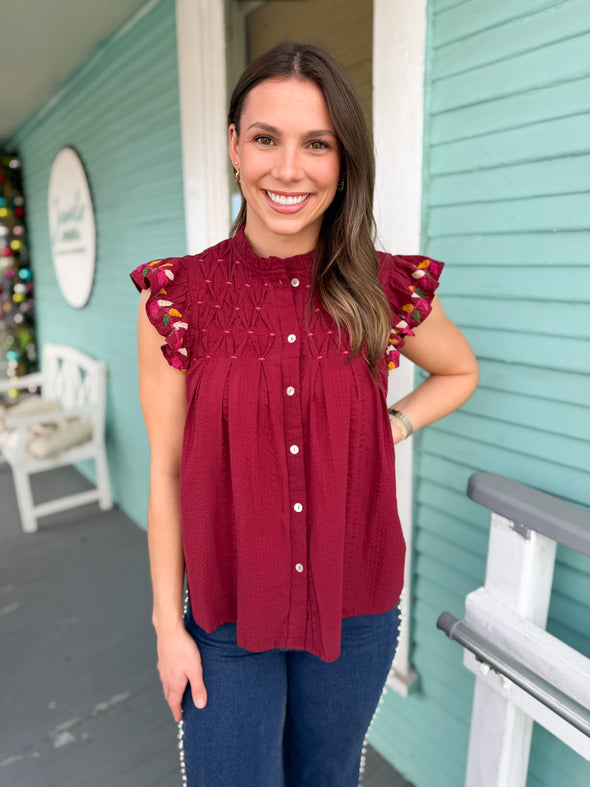 (THML) The Leslie Flutter Sleeve Top-Burgundy