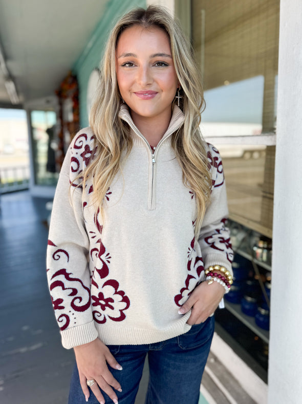 The Ella Flower Accent Sweater-Oatmeal