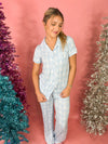 light blue pajama set with white christmas trees 