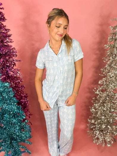 light blue pajama set with white christmas trees 