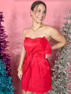 strapless red dress with statement waist bow detail 