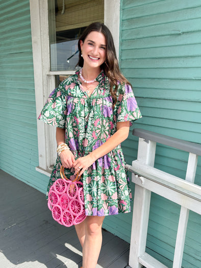 green and purple floral short dress
