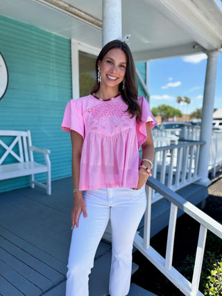 The Jackie Lace Trimmed Top-Pink