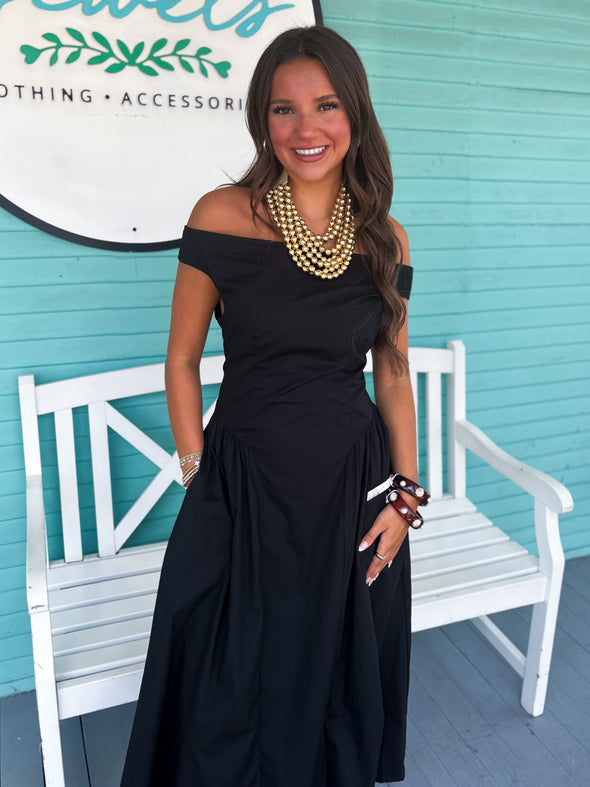 thml black dress (THML) The Shelby Off Shoulder Midi Dress-Black Size US:8