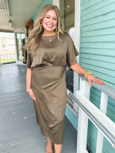 satin mocha asymmetrical dress