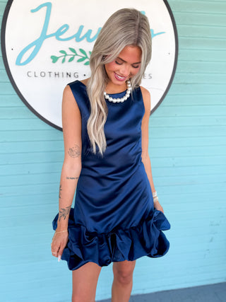 The Christin Bubble Hem Satin Dress-Navy