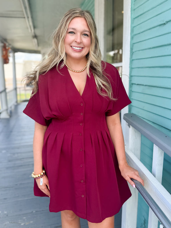 The Hannah V-Neck Mini Dress-Burgundy