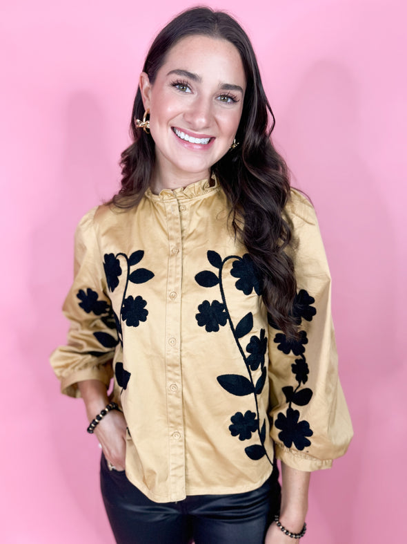 The Kevin Flower Embroidered Top-Tan