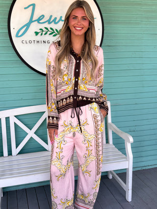 blush button down top and matching pants