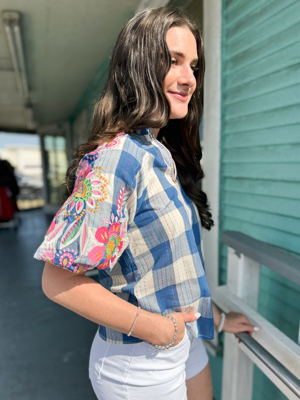 (THML) The Kay Embroidered Top-Blue