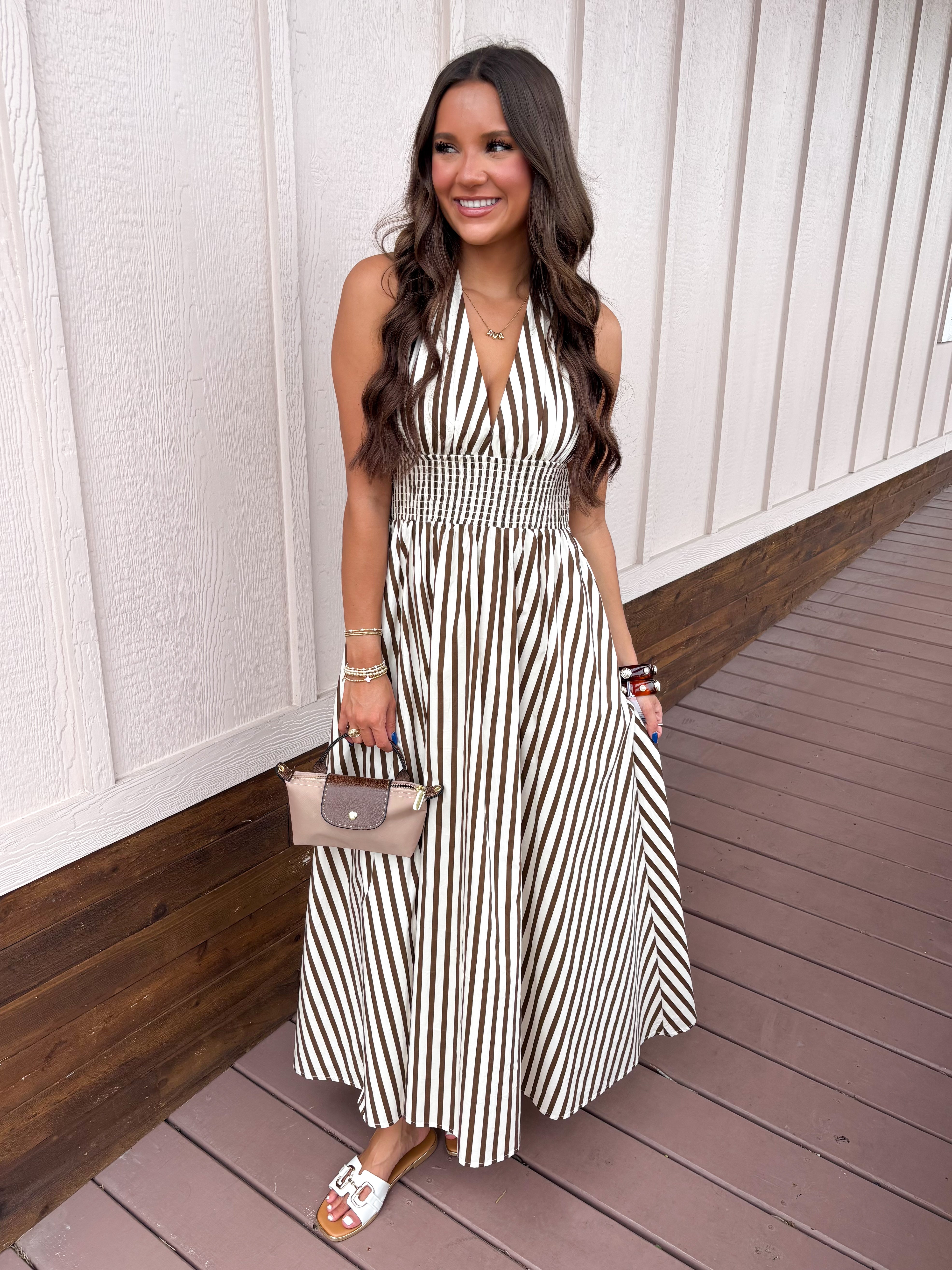 striped halter midi dress Coastal Americana Striped Halter Neck Midi Dress VICI