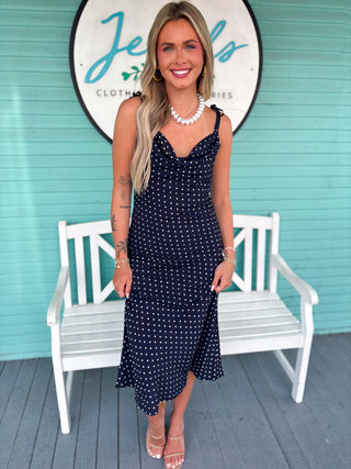 (THML) The Heather Polka Dot Midi Dress-Navy