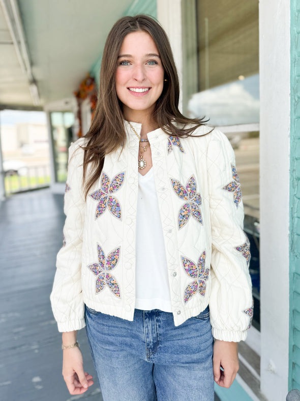 The Brandy Floral Quilted Jacket- Cream
