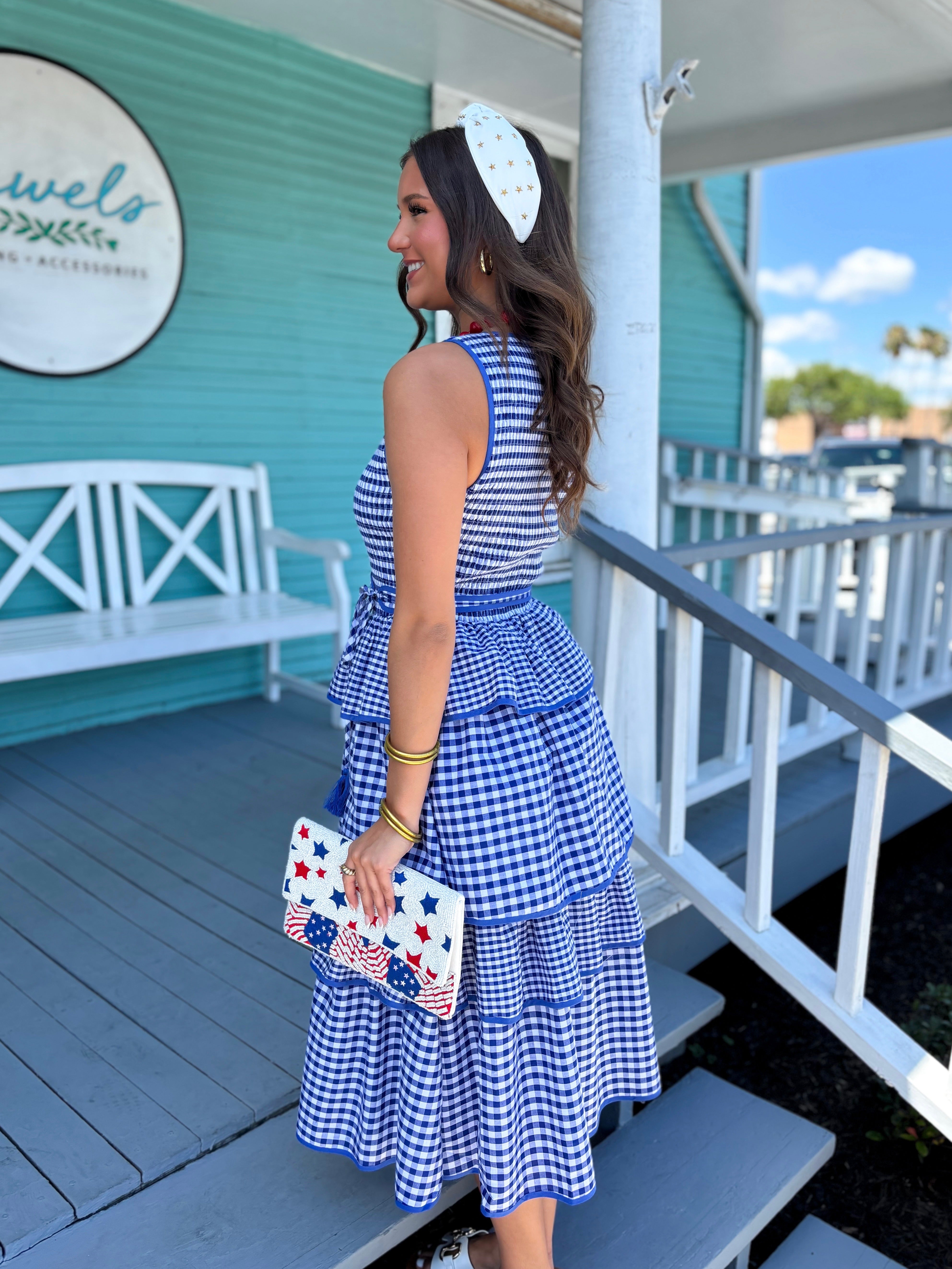 The Vanna Gingham Tiered Midi Dress-Blue – Jewels Clothing and Accessories