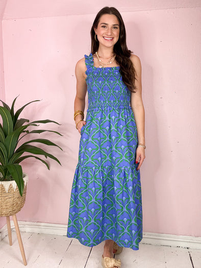 The Sera Smocked Midi Dress-Blue