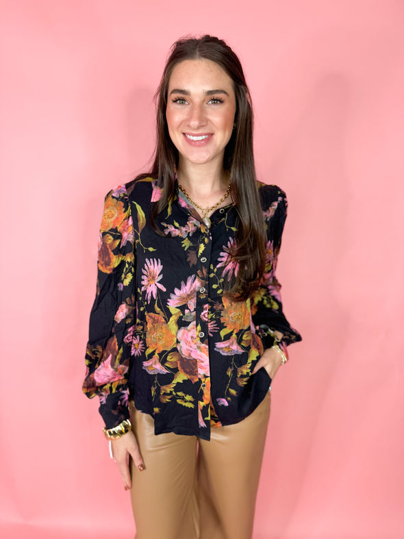 The Jess Floral Button Down Top-Black