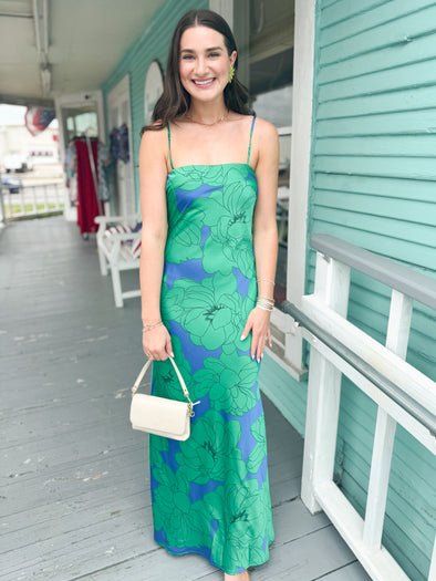 The Morgany Satin Floral Slip Midi Dress-Green