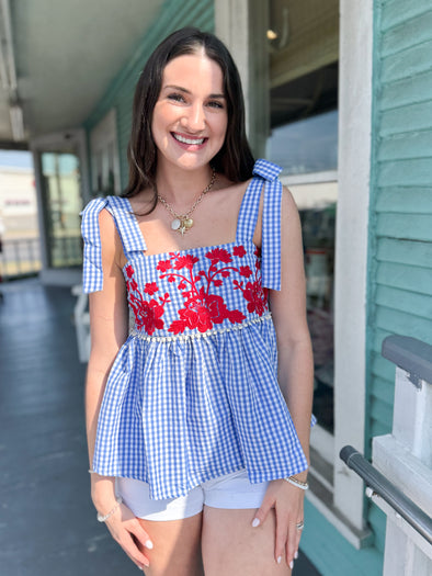 (THML) The Scarlett Floral Tie Tank-Blue