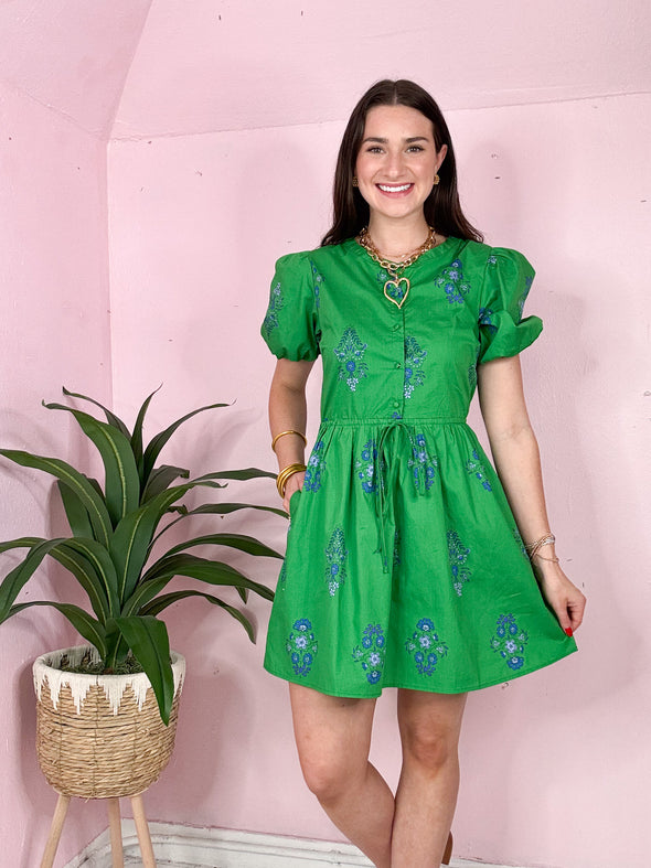 The Halina Floral Puff Sleeve Dress-Green