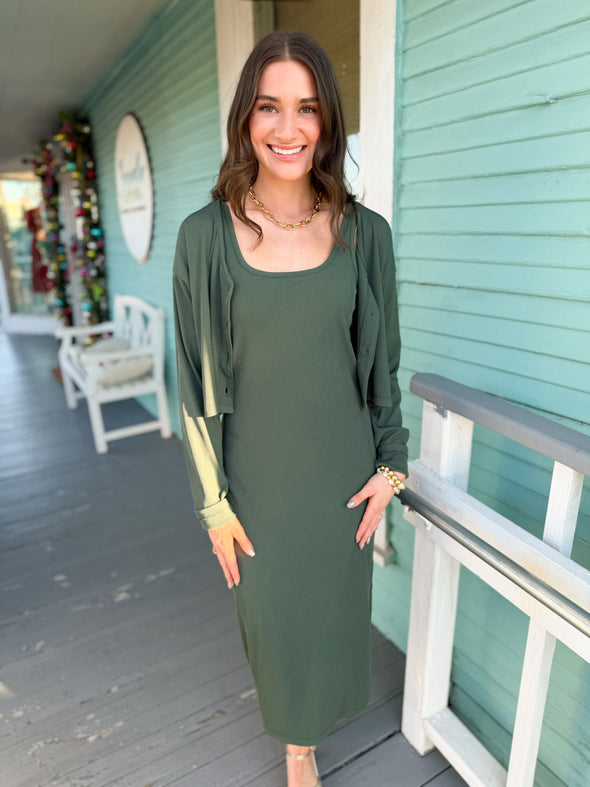 The Terry Ribbed Dress Set-Green