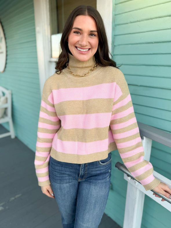 The Ainsley Striped Sweater-Taupe/Pink