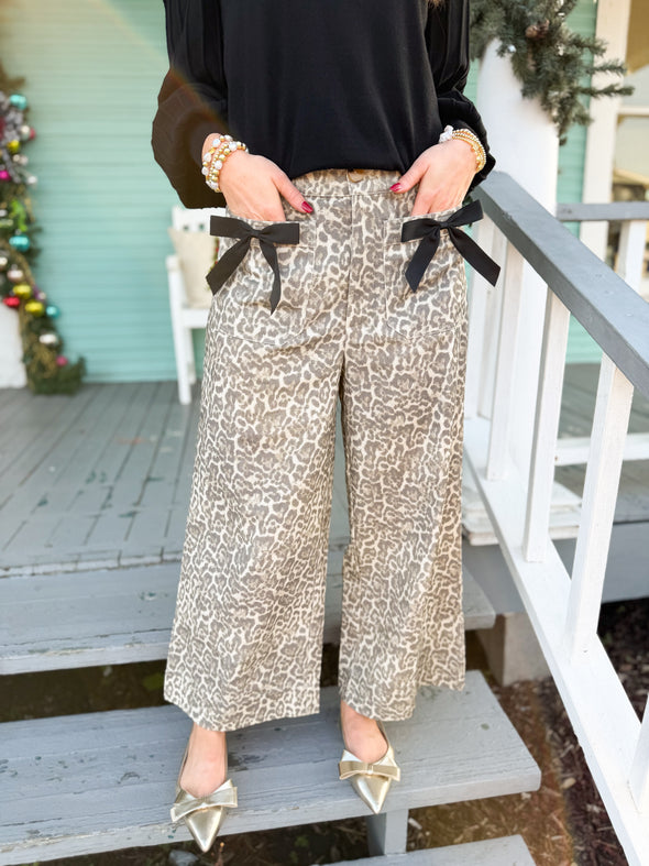 The Marcie Leopard Bow Pants-Cream