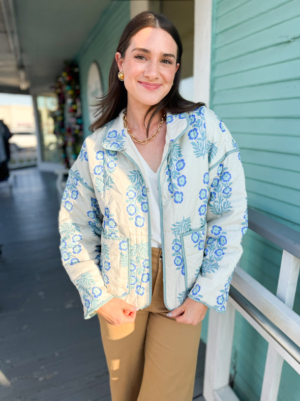 The Georgia Floral Quilted Jacket-Blue