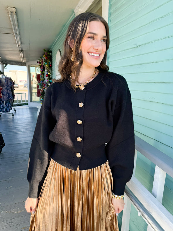The Nora Rose Button Cardigan-Black