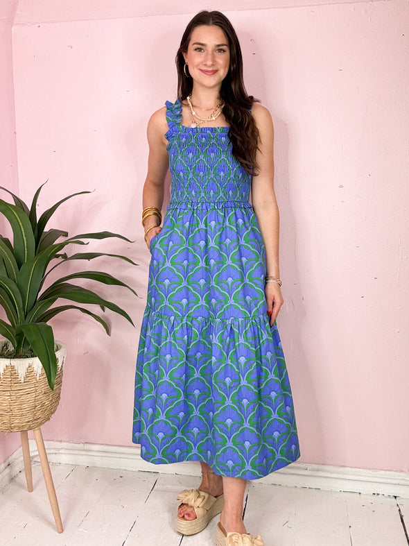 The Sera Smocked Midi Dress-Blue