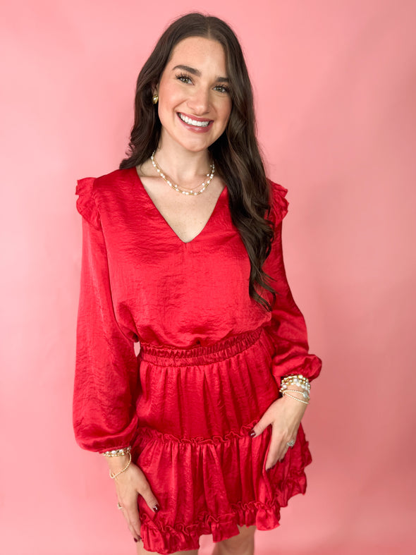 The Andy Long Sleeve Ruffle Skirt Dress-Red