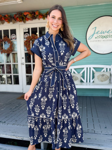 The Lilah Floral Midi Dress-Navy