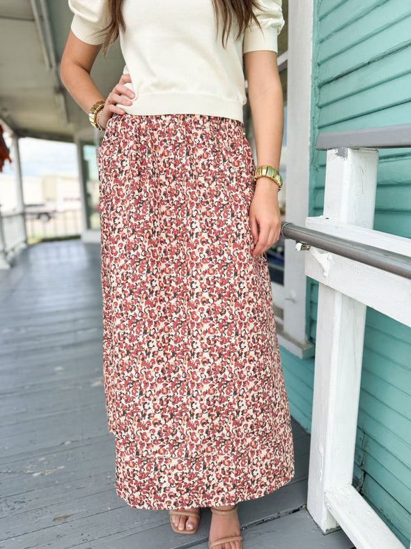 The Kate A Line Midi Skirt Floral-Burgundy