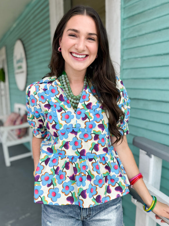 The Aqua Printed Top-Blue