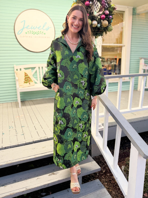 The Sierra Floral Puff Sleeve Midi Dress-Green