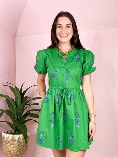 The Halina Floral Puff Sleeve Dress-Green