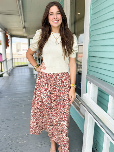 The Kate A Line Midi Skirt Floral-Burgundy