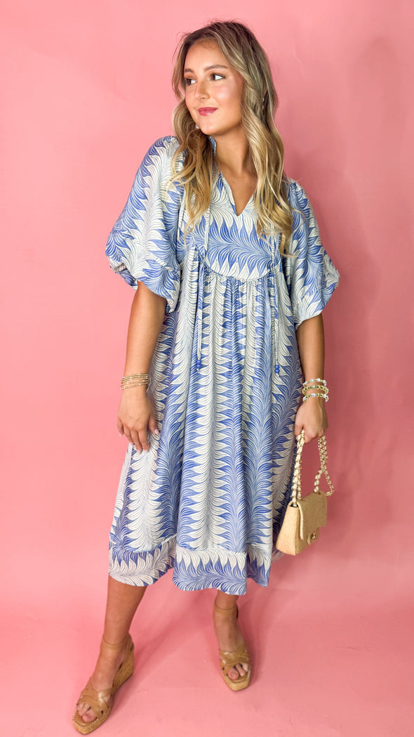 blue pattern midi dress