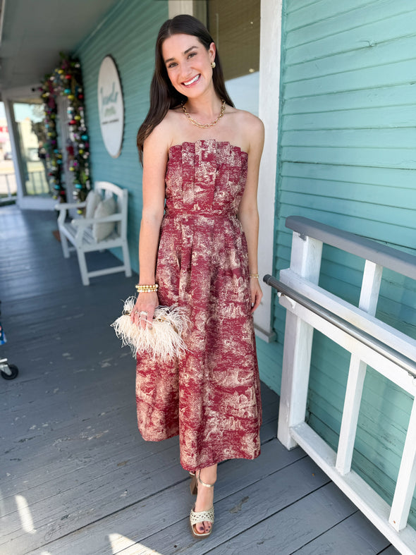 burgundy and gold strapless midi dress