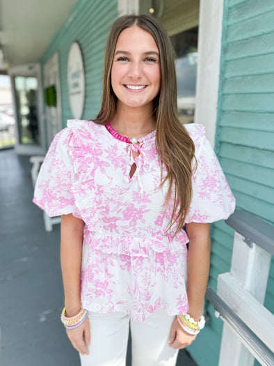 The Rosie Printed Bow Top-Pink