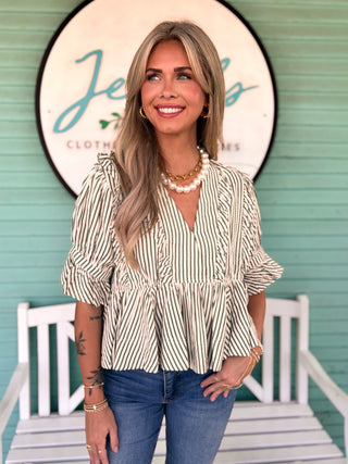 The Ellie Stripe Ruffle Top-Olive