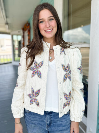 The Brandy Floral Quilted Jacket- Cream