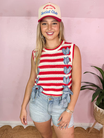The Indy Striped Denim Knit Top-Red