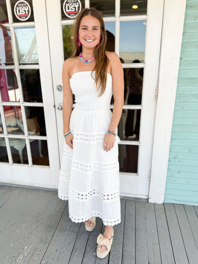 The Jein Strapless Eyelet Midi Dress-White