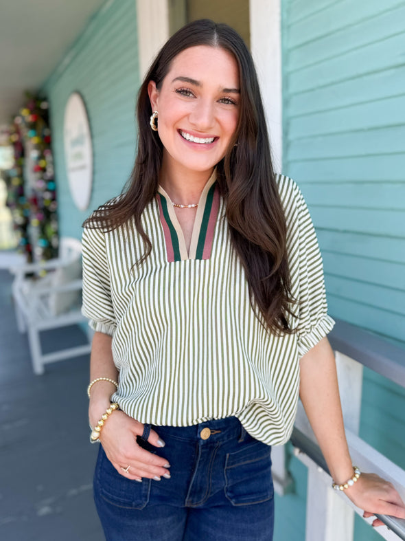 The Charlotte Striped Top-Olive