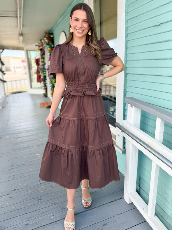 (THML) The Brandy Ruffle Midi Dress-Brown