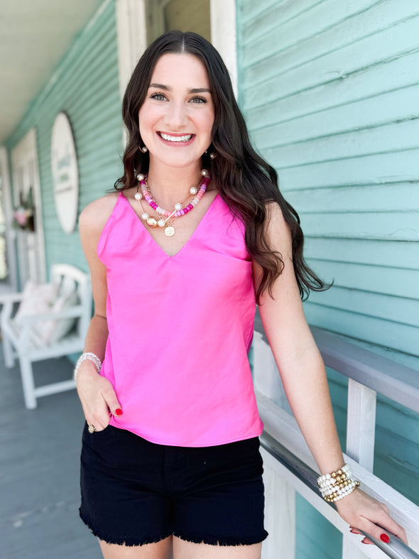 The Rosie Satin Tank-Hot Pink