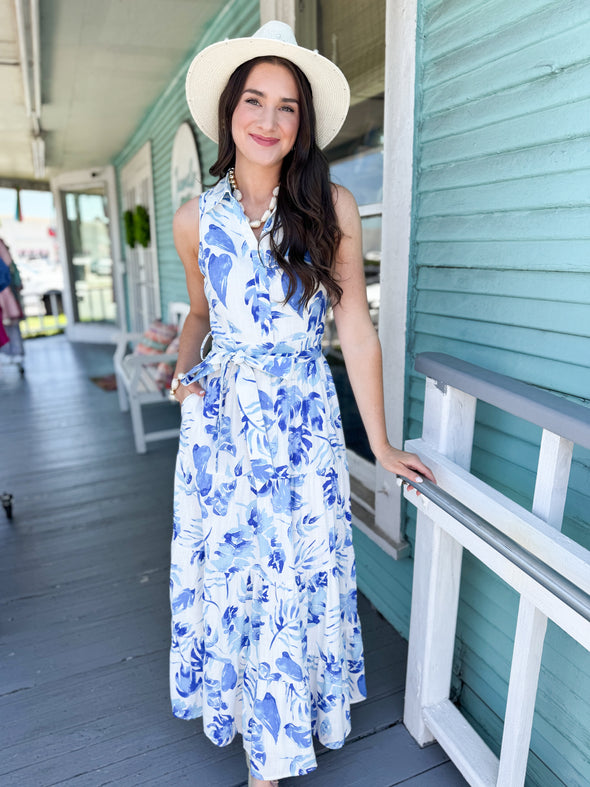 The Bethany Palm Midi Dress-Blue