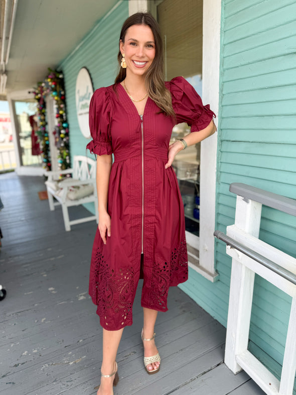 garnet zipper front dress with eyelet cut out 
