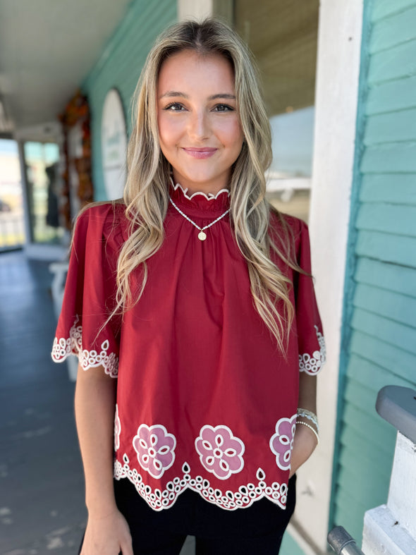 The Bailey Embroidered Top-Brick